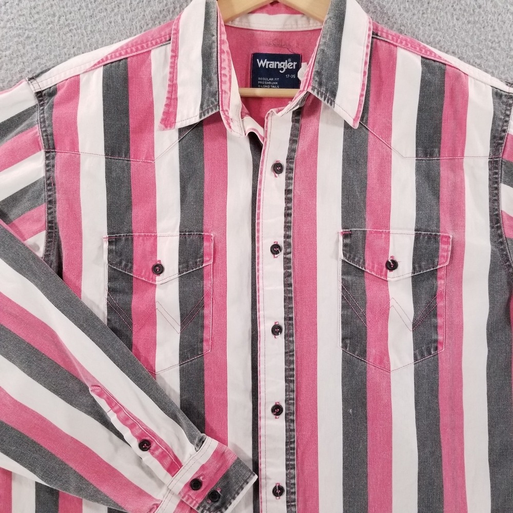 Vintage Wrangler Brushpopper Shirt 17 35 XL Pink Striped Western Rodeo Cowboy